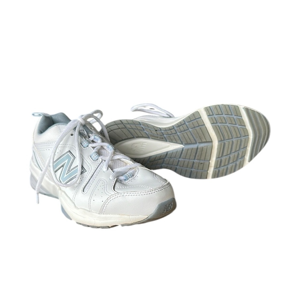 New Balance 608 v5 White and Blue Leather Mesh Training Shoe Sz 8-8.5